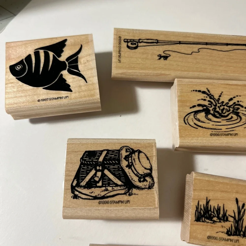 Vintage Stampin Up Et Al Fishing Wood Rubber Stamp‎ Set 12pc Fish Rod 1996 1997